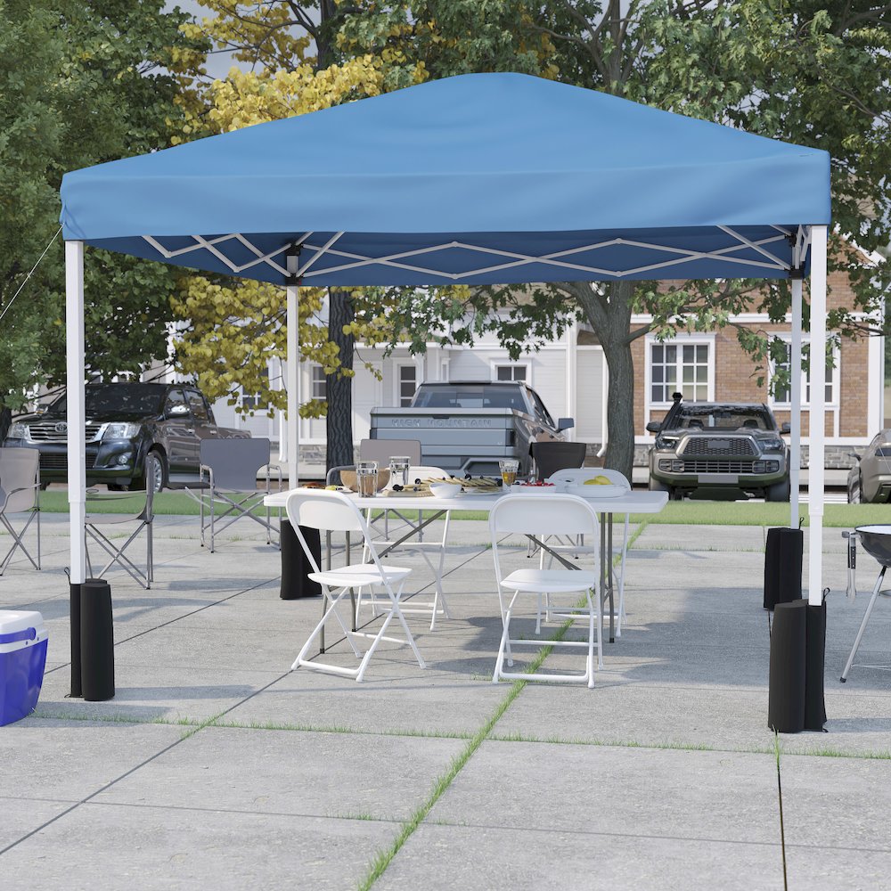 Tent Set-10'x10' Wheeled Blue Canopy Tent, 6-Foot Table, 4 White Folding Chairs. Picture 2