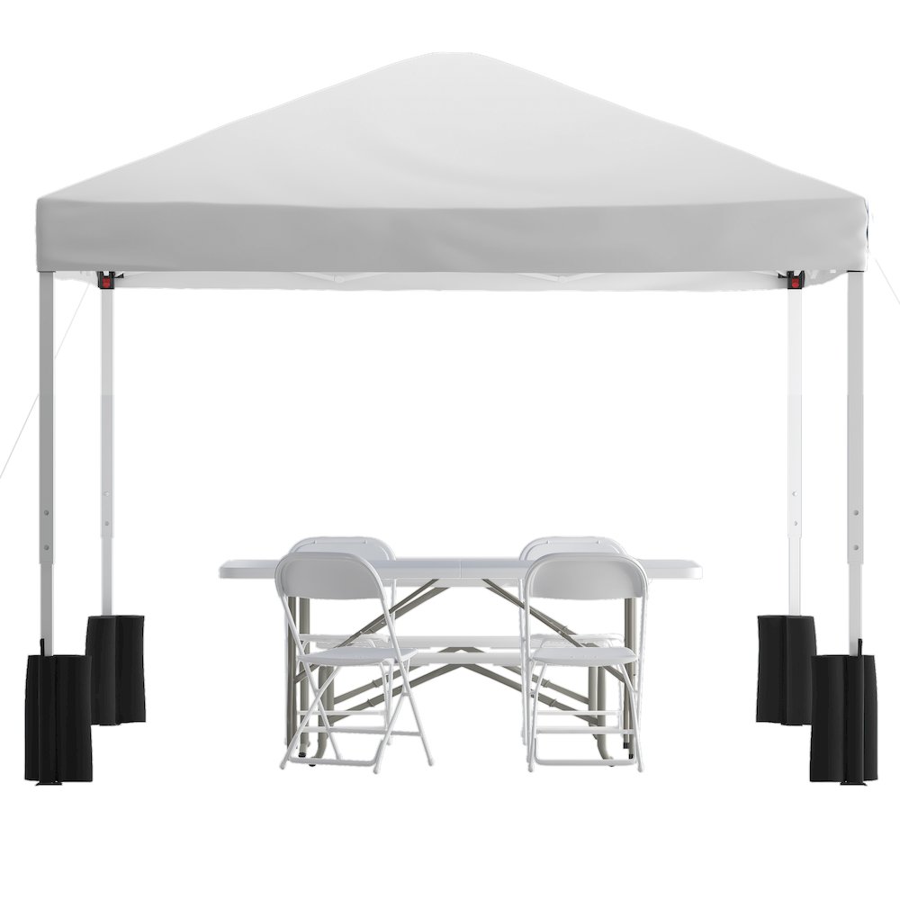Tent Set-10'x10' Wheeled White Canopy Tent, 6-Foot Table, 4 White Folding Chairs. Picture 1