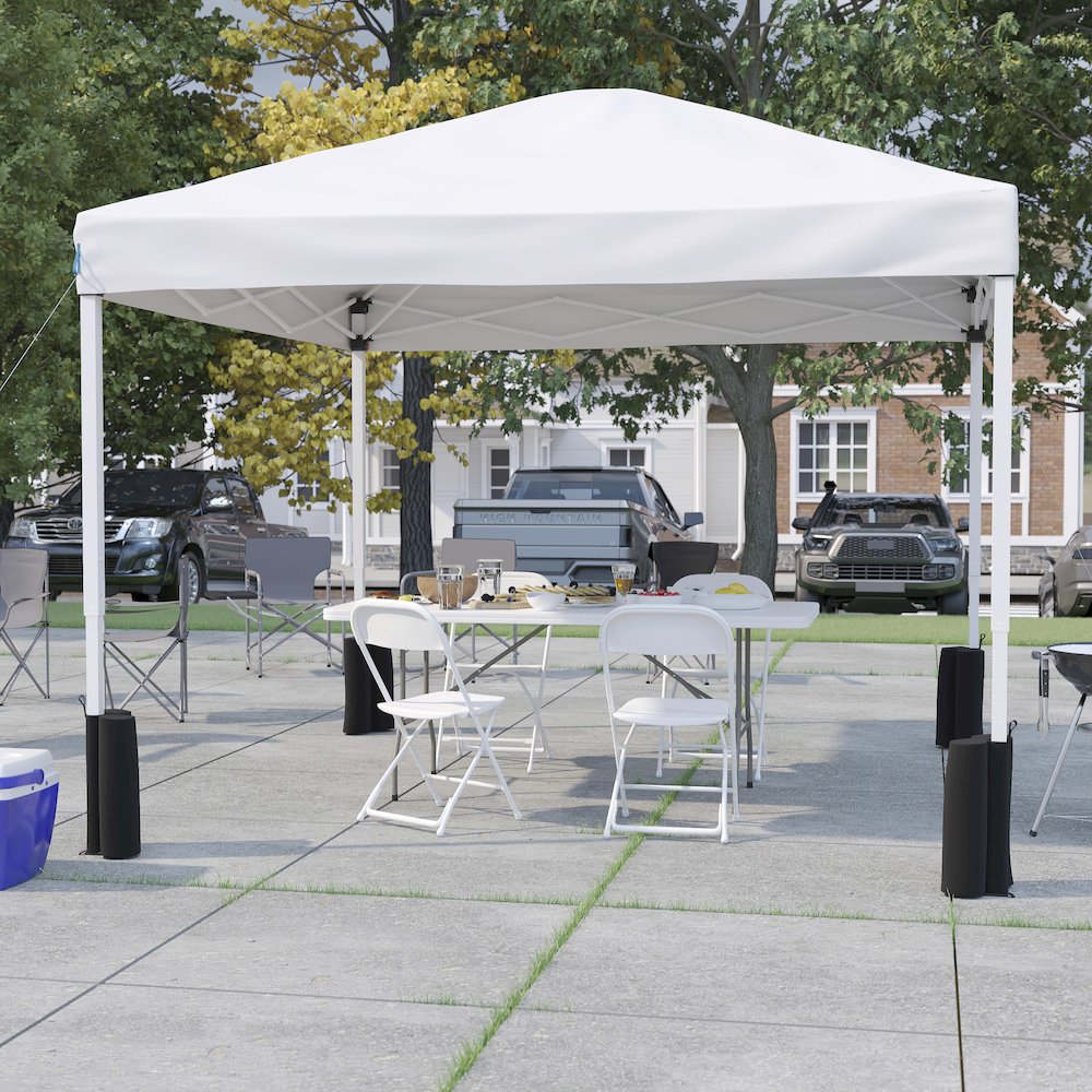 Tent Set-10'x10' Wheeled White Canopy Tent, 6-Foot Table, 4 White Folding Chairs. Picture 2