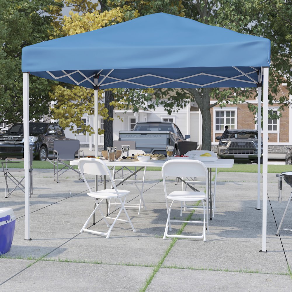 Tent Set - 8'x8' Blue Canopy Tent, 6-Foot Table, Set of 4 White Folding Chairs. Picture 2