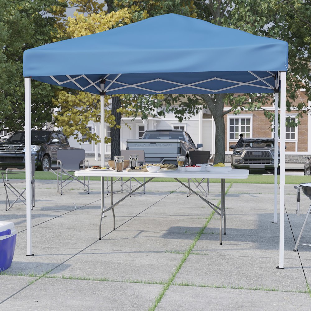 8'x8' Blue Event Canopy Tent with Carry Bag and 6-Foot Bi-Fold Folding Table. Picture 2
