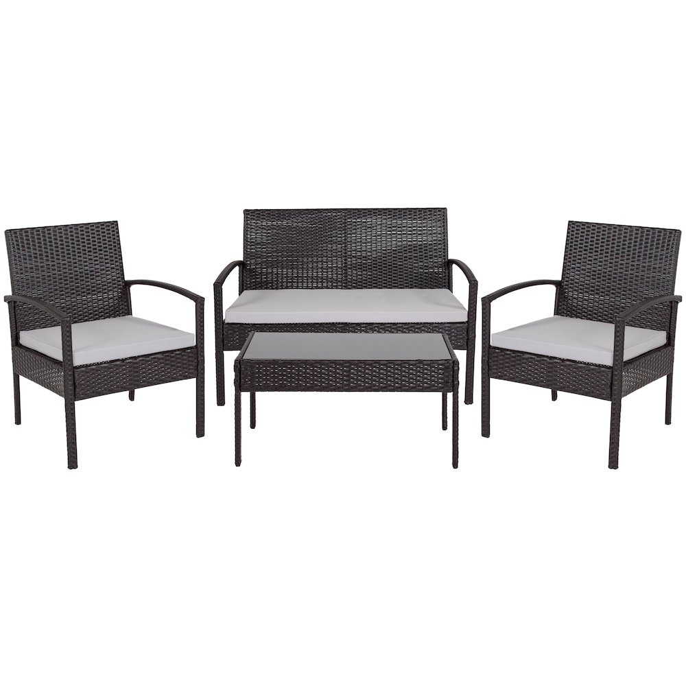 4 Piece Black Patio Set with Steel Frame and Gray Cushions. Picture 1