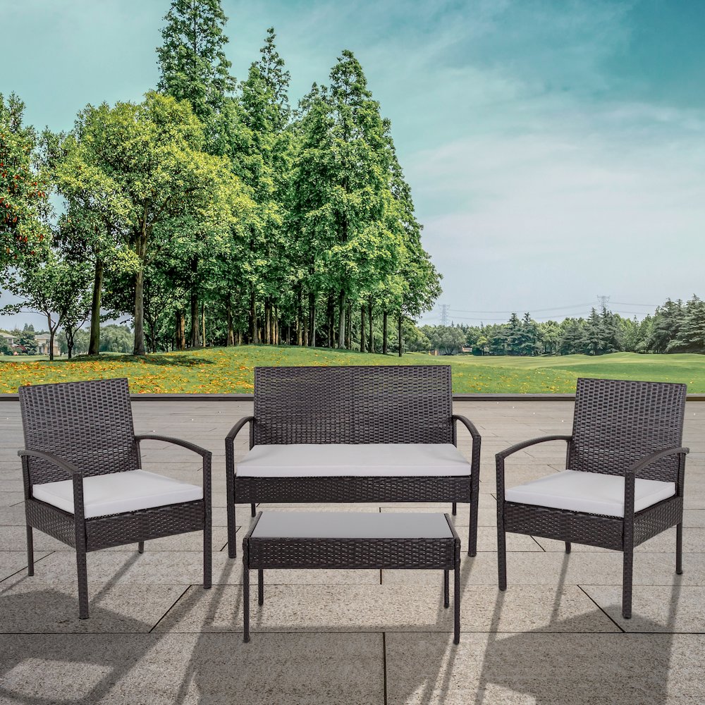 4 Piece Black Patio Set with Steel Frame and Gray Cushions. Picture 2