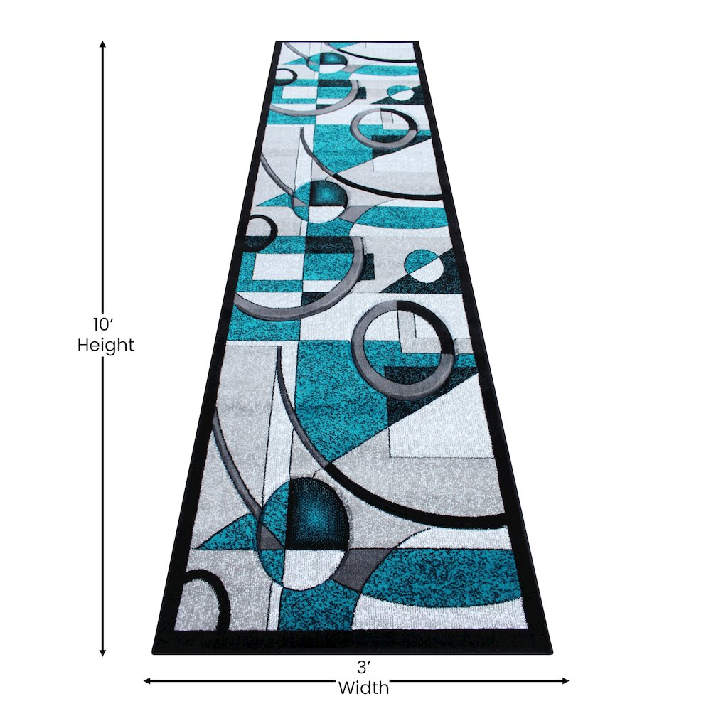 3' x 10' Turquoise Geometric Abstract Area Rug - Olefin Rug. Picture 4