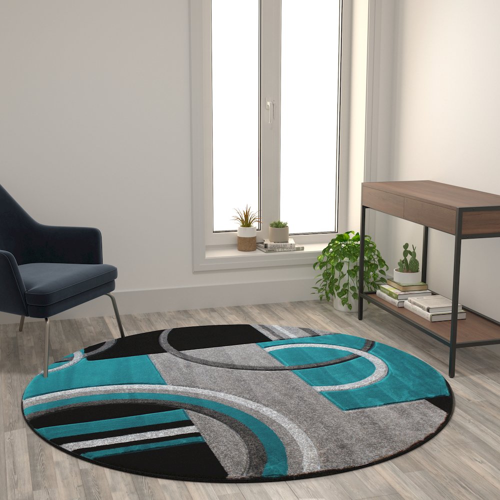 Round 5' x 5' Turquoise Abstract Area Rug - Olefin Rug. Picture 2