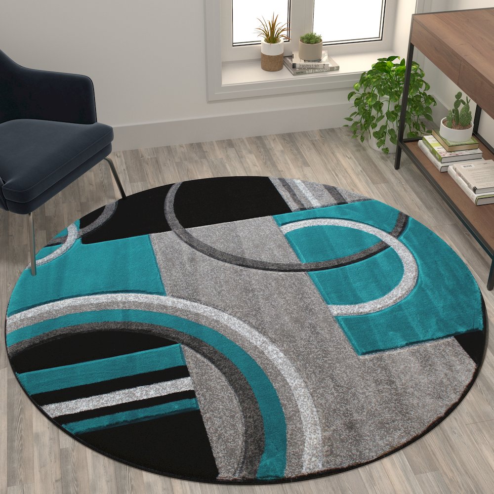 Round 5' x 5' Turquoise Abstract Area Rug - Olefin Rug. Picture 5