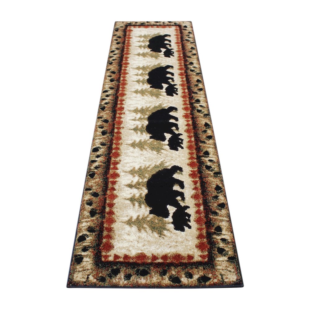 2' x 7' Rustic Lodge Wandering Black Bear and Cub Area Rug with Jute Backing. Picture 1