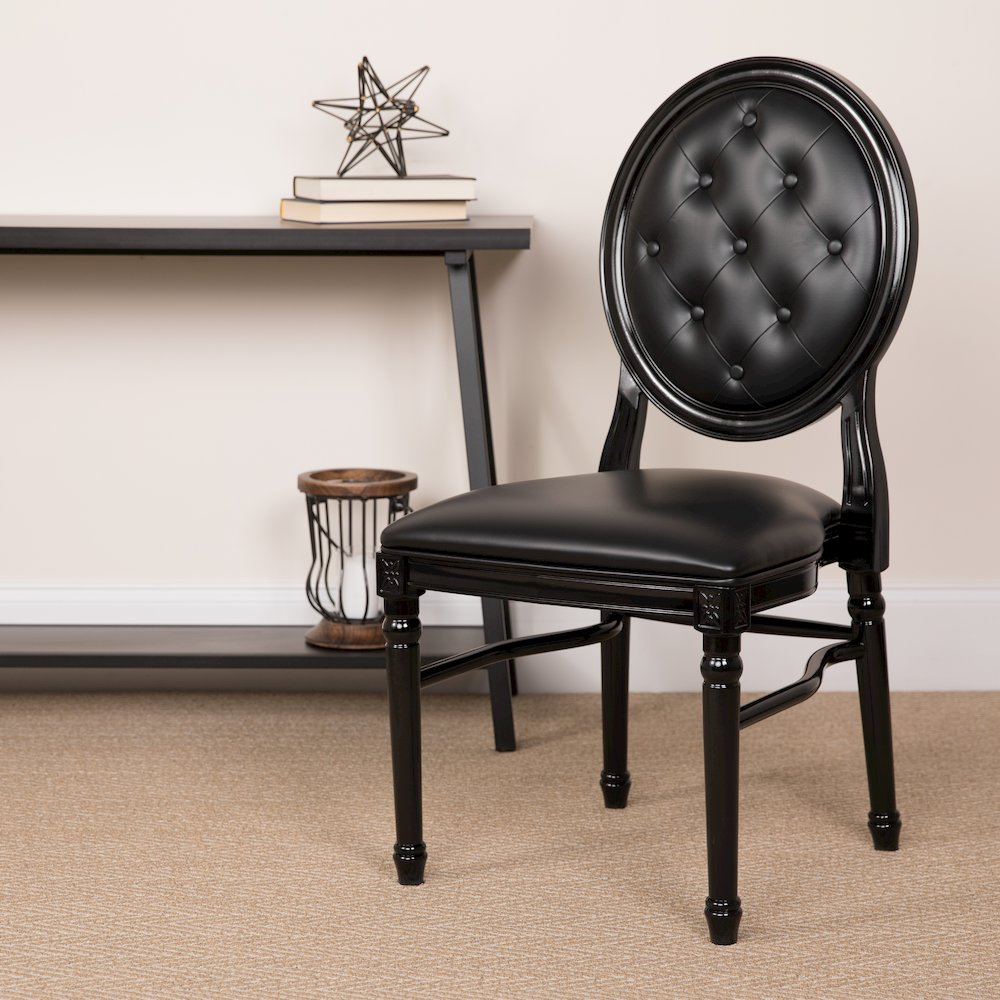 King Louis Chair with Tufted Back, Black Vinyl Seat and Black Frame. Picture 2