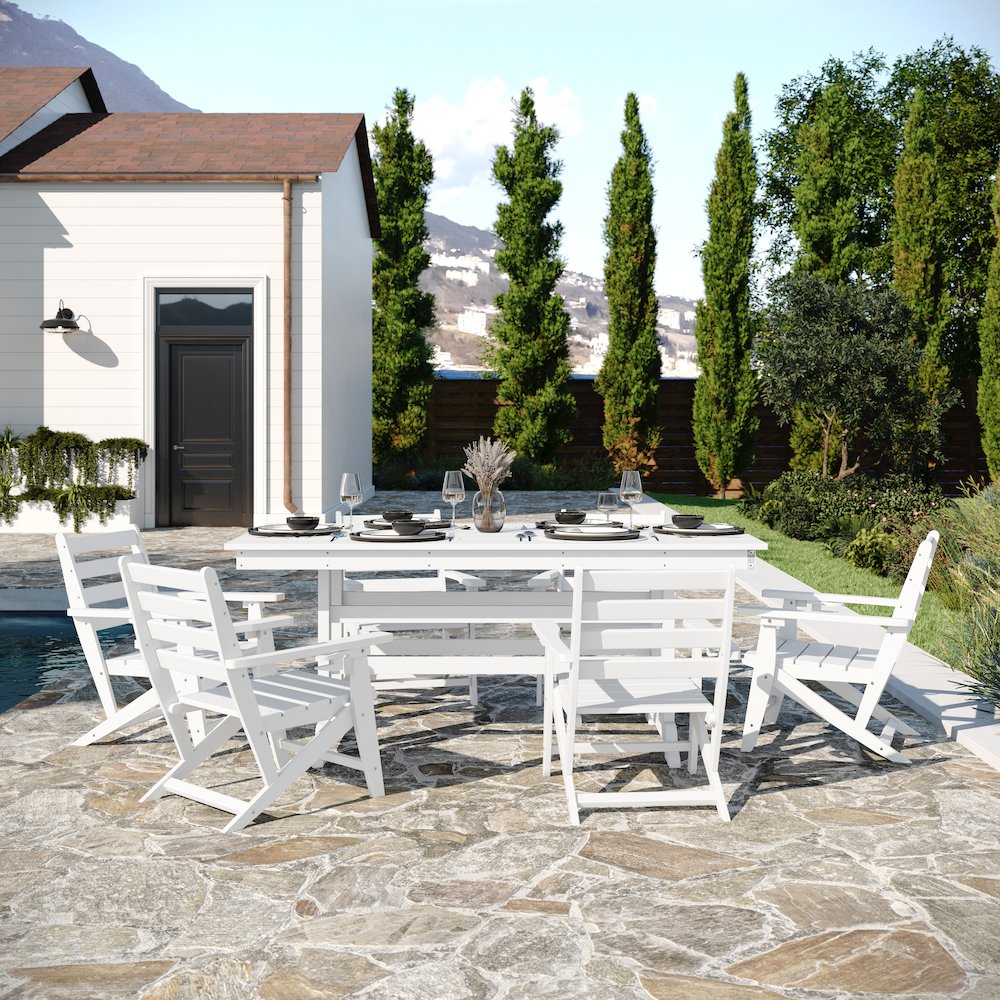 Contemporary 7 Piece Commercial Grade Adirondack Dining Set, White. Picture 3