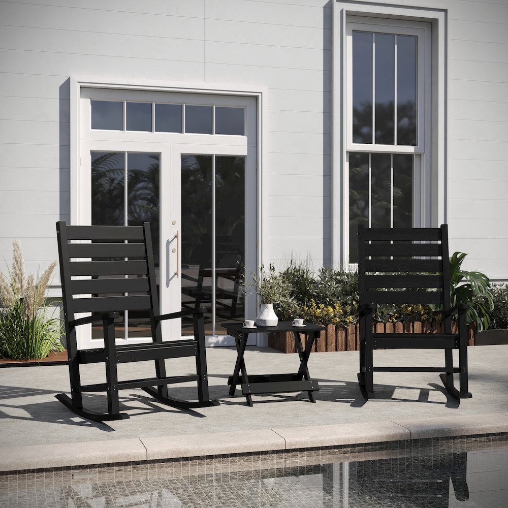 3-Piece Set with 2 Contemporary All-Weather Rocking Chairs and End Table, Black. Picture 3