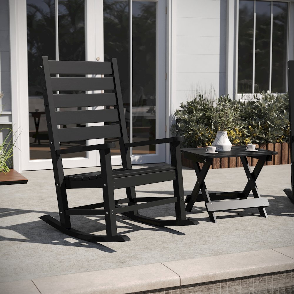 3-Piece Set with 2 Contemporary All-Weather Rocking Chairs and End Table, Black. Picture 6