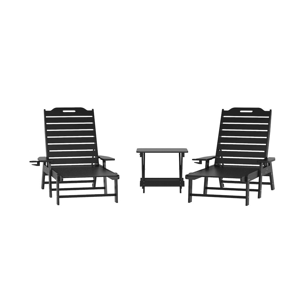 3-Piece Set with 2 Adjustable HDPE Loungers and Folding Side Table in Black. Picture 1
