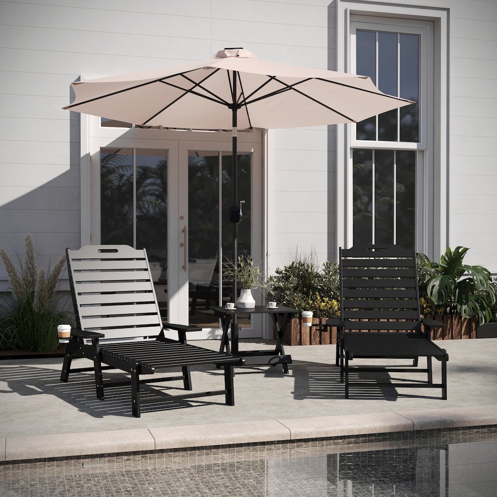 3-Piece Set with 2 Adjustable HDPE Loungers and Folding Side Table in Black. Picture 3