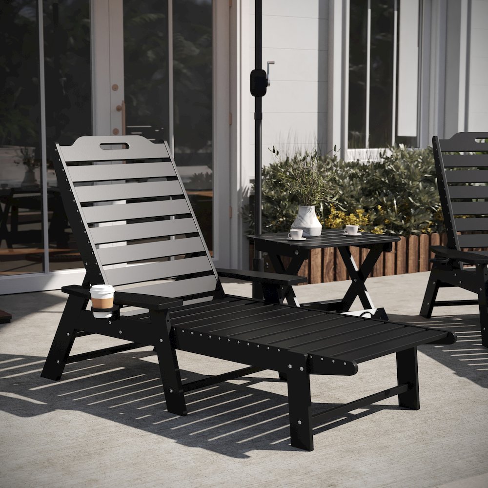 3-Piece Set with 2 Adjustable HDPE Loungers and Folding Side Table in Black. Picture 6