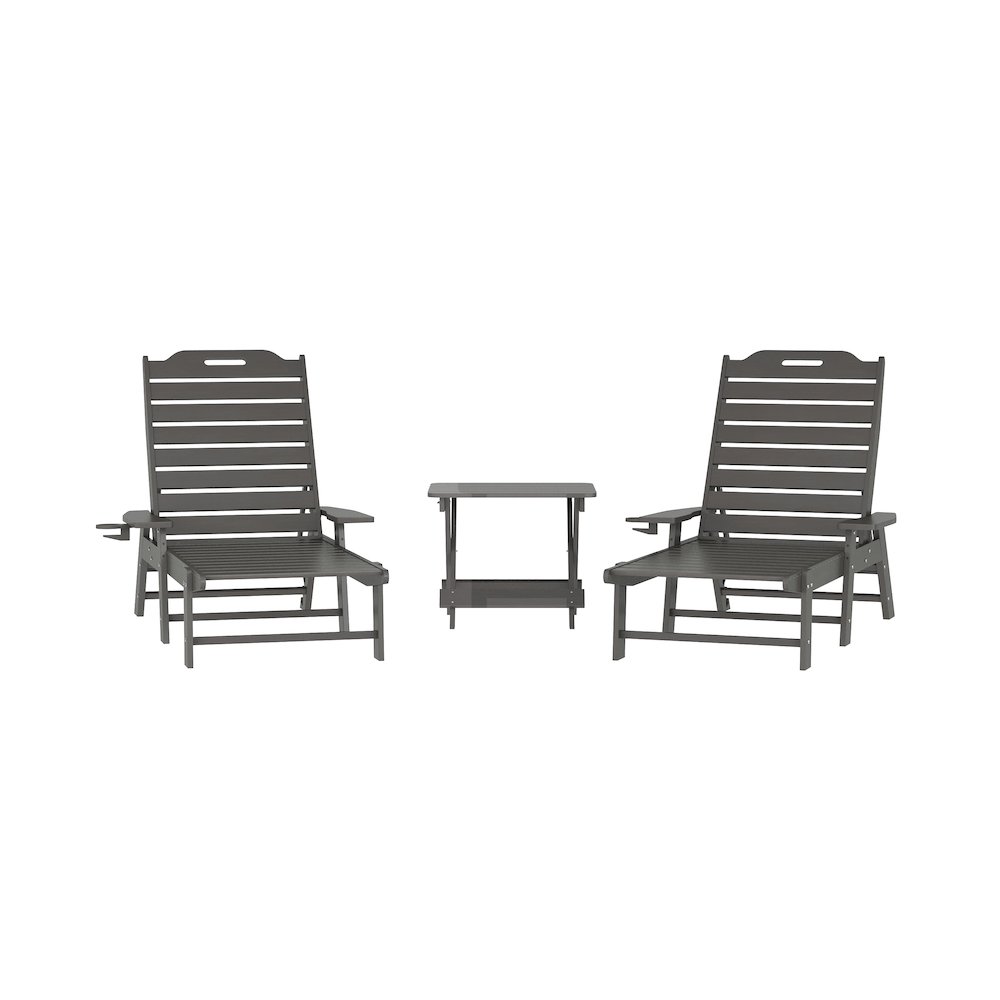 3-Piece Set with 2 Adjustable HDPE Loungers and Folding Side Table in Gray. Picture 1