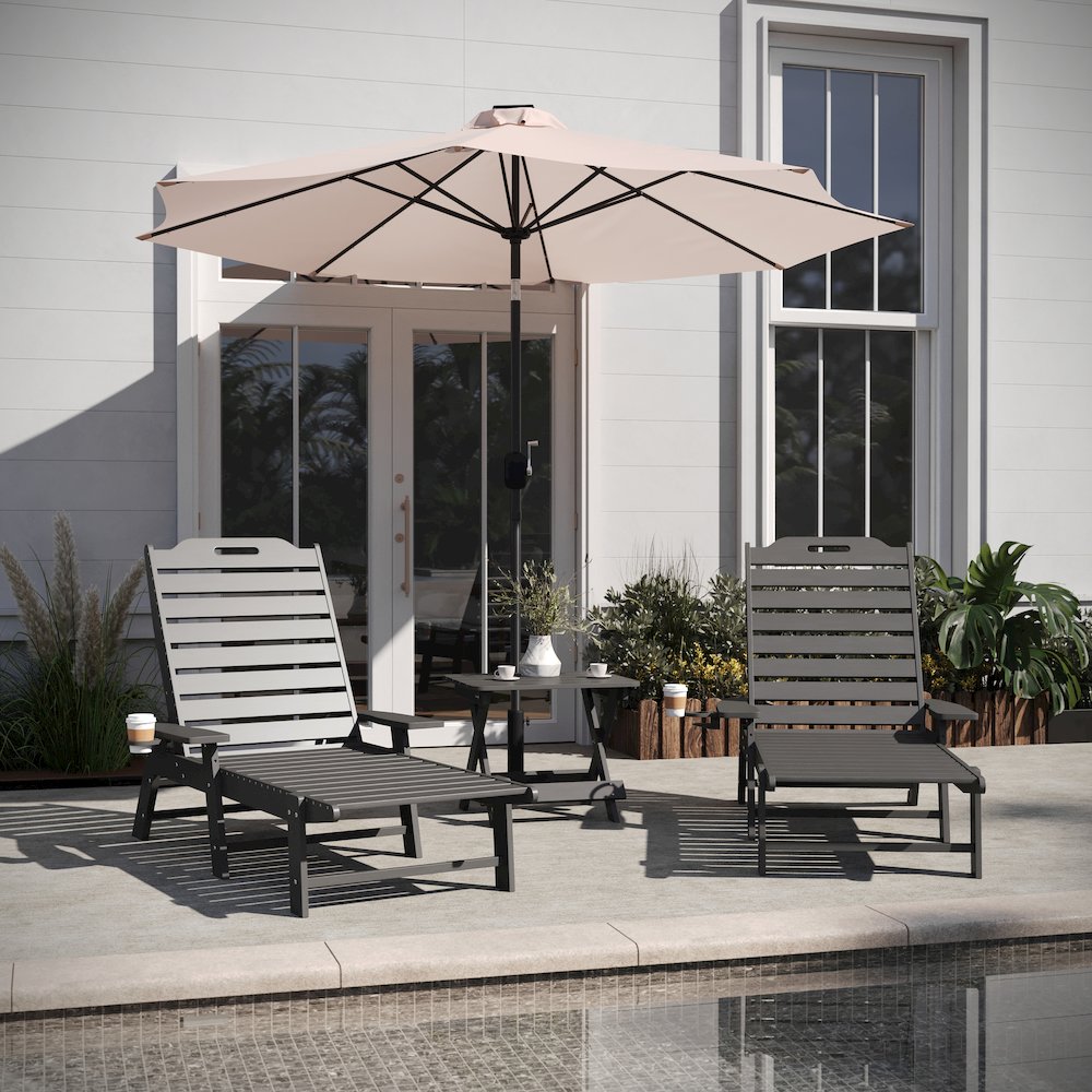 3-Piece Set with 2 Adjustable HDPE Loungers and Folding Side Table in Gray. Picture 3