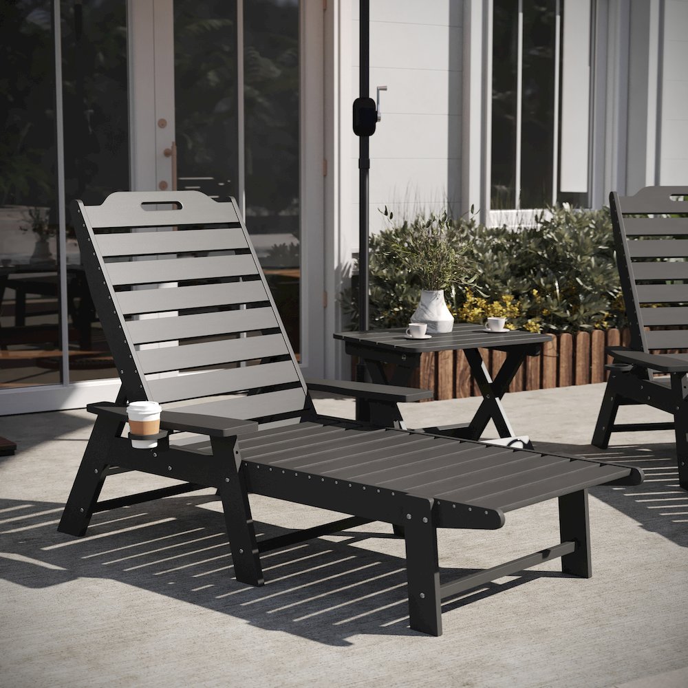 3-Piece Set with 2 Adjustable HDPE Loungers and Folding Side Table in Gray. Picture 6