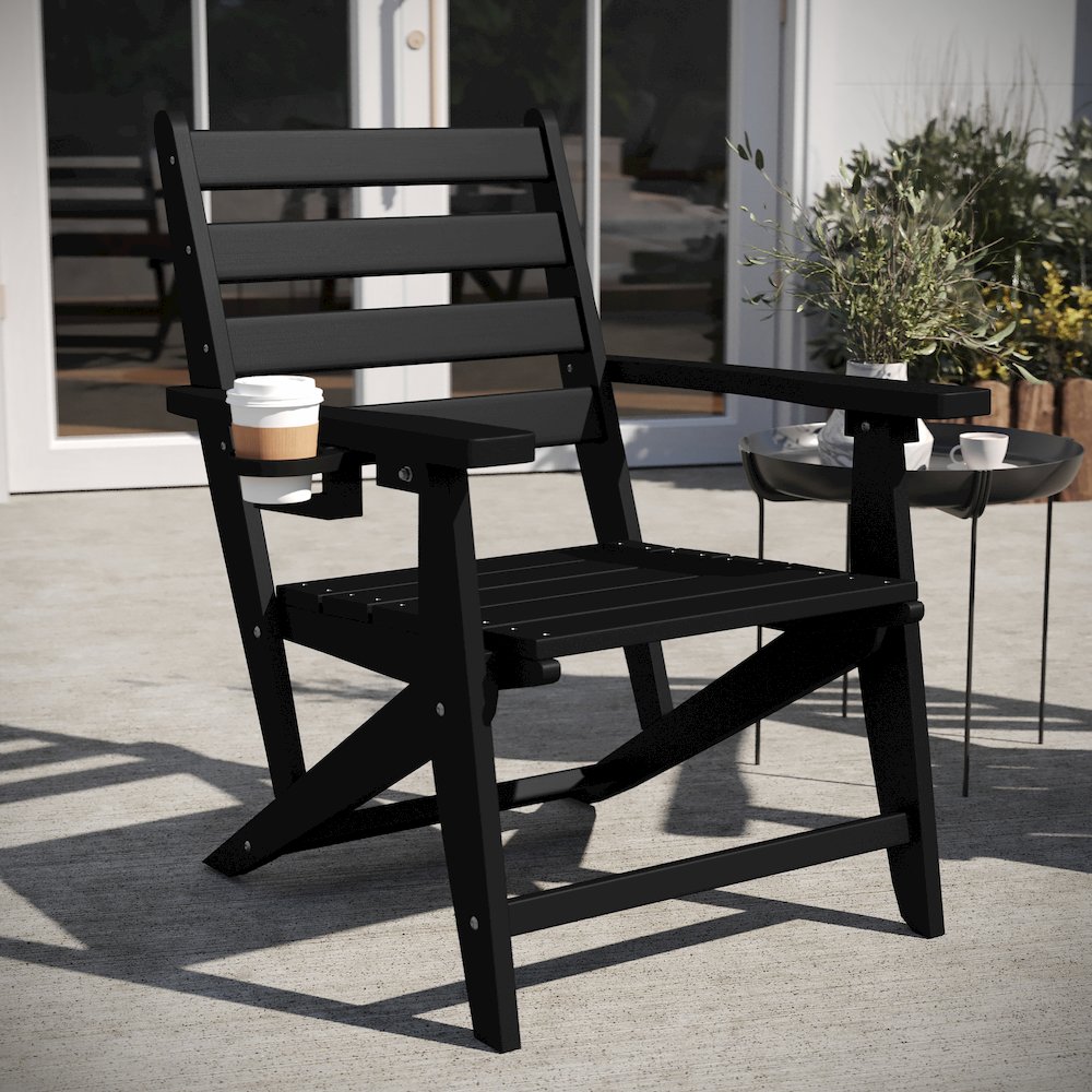 Contemporary Commercial Grade Adirondack Dining Chair with Cupholder, Black. Picture 3
