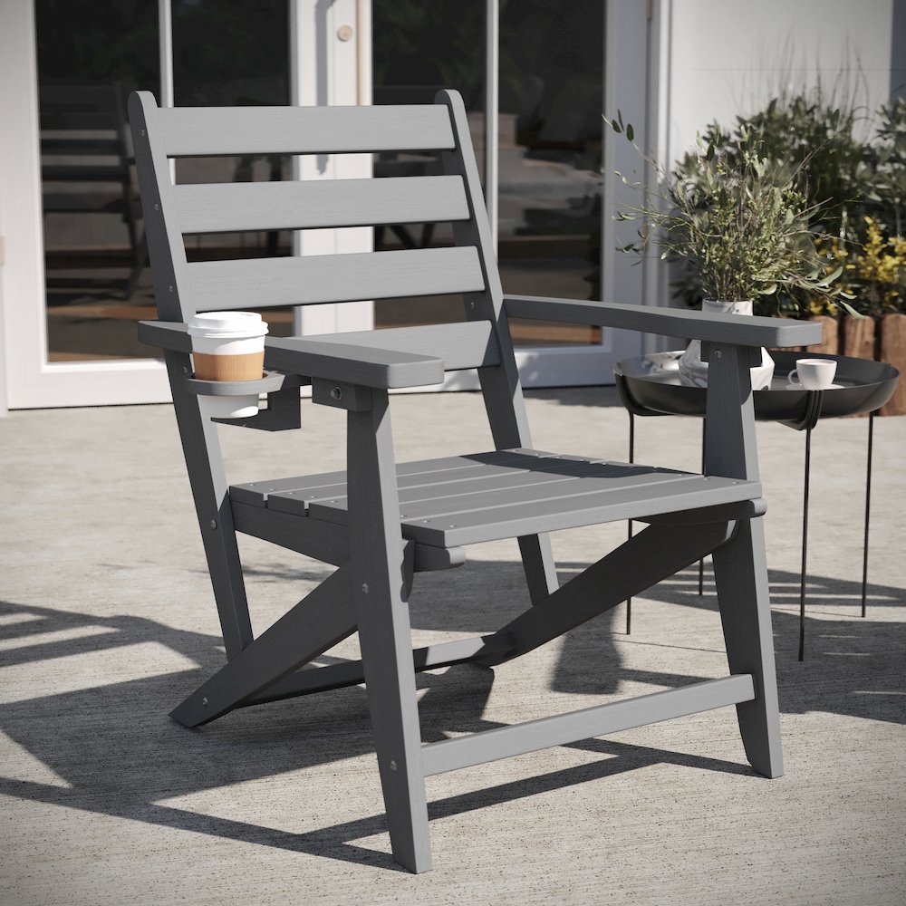 Contemporary Commercial Grade Adirondack Dining Chair with Cupholder, Gray. Picture 3