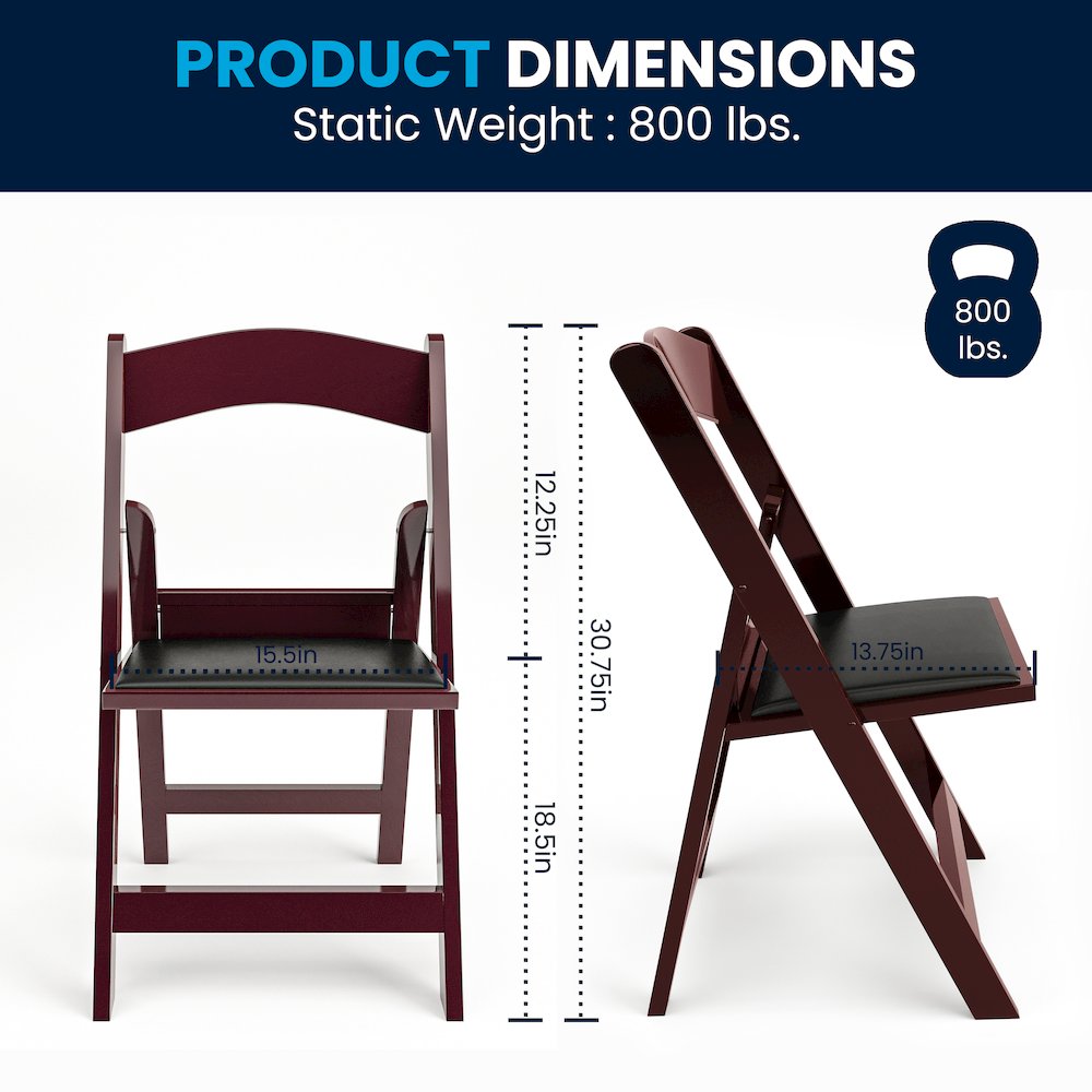 2 Pack HERCULES Series 1000 lb. Capacity Red Mahogany Resin Folding Chair with Black Vinyl Padded Seat. Picture 8