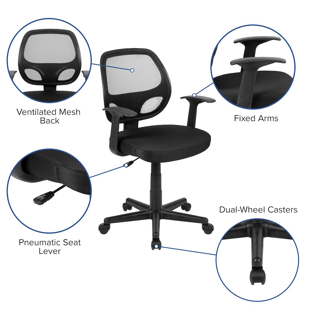 Mid-Back Black Mesh Swivel Ergonomic Task Office Chair with Arms, BIFMA Certified. Picture 6