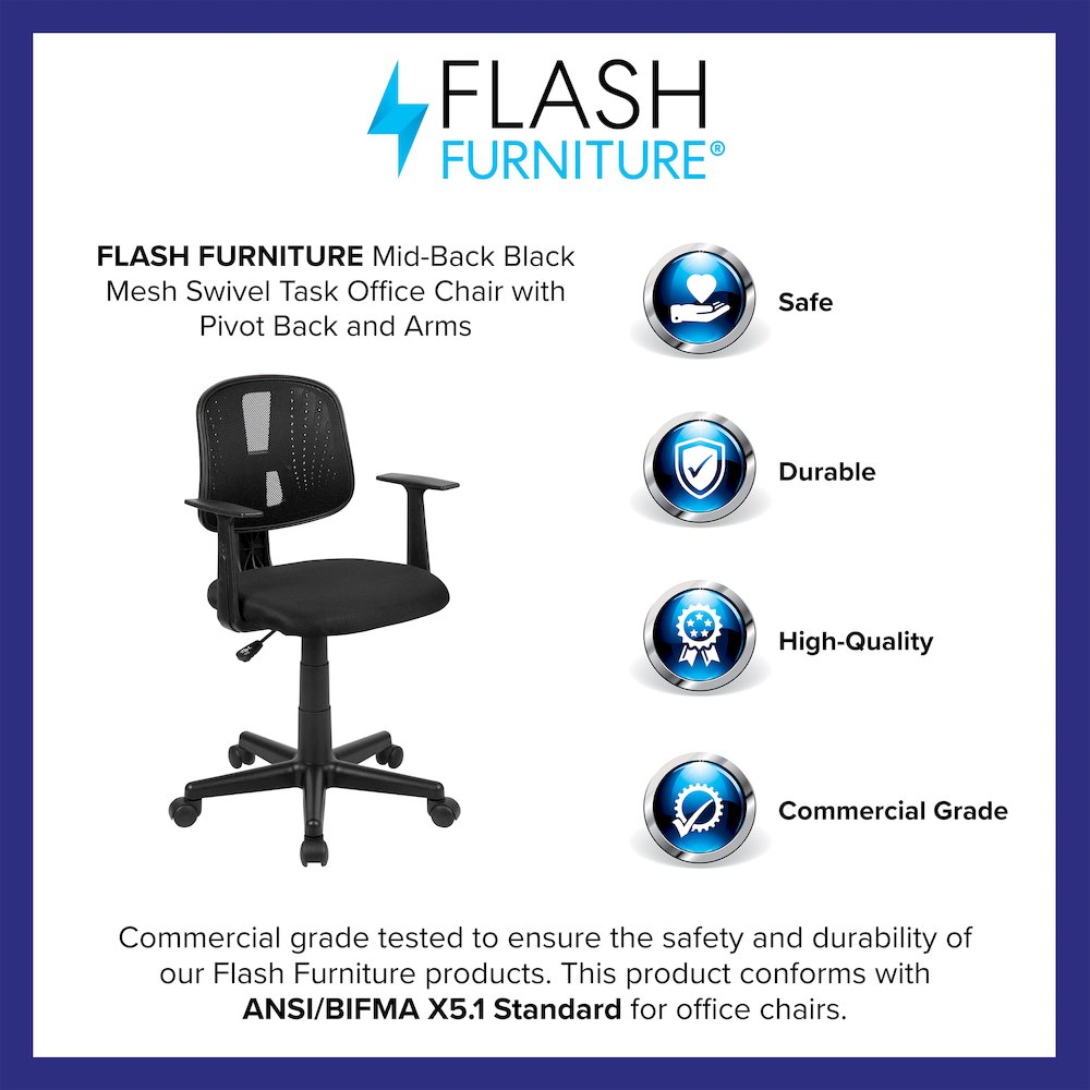 Mid-Back Black Mesh Swivel Task Office Chair with Pivot Back and Arms. Picture 4