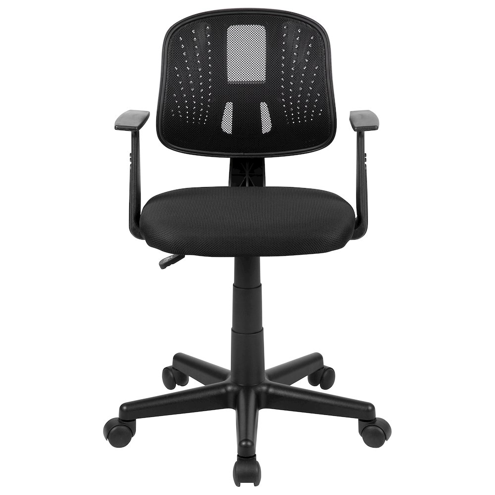 Mid-Back Black Mesh Swivel Task Office Chair with Pivot Back and Arms. Picture 11