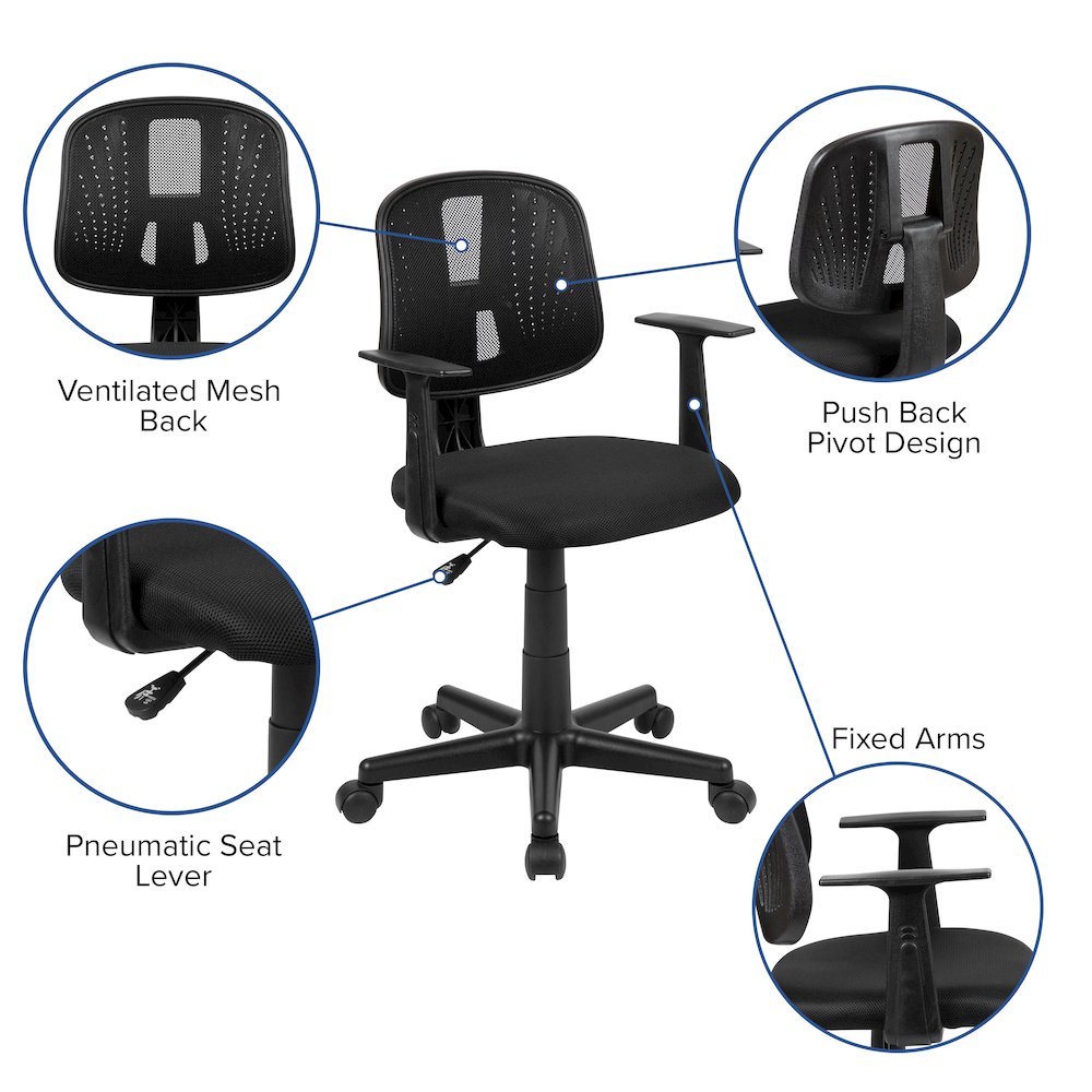 Mid-Back Black Mesh Swivel Task Office Chair with Pivot Back and Arms. Picture 6