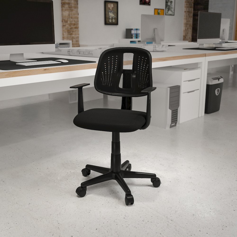 Mid-Back Black Mesh Swivel Task Office Chair with Pivot Back and Arms. Picture 2