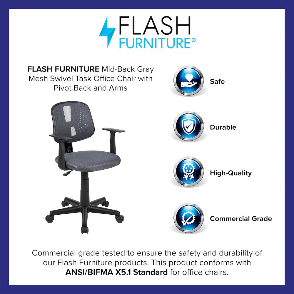 Mid-Back Gray Mesh Swivel Task Office Chair with Pivot Back and Arms. Picture 4