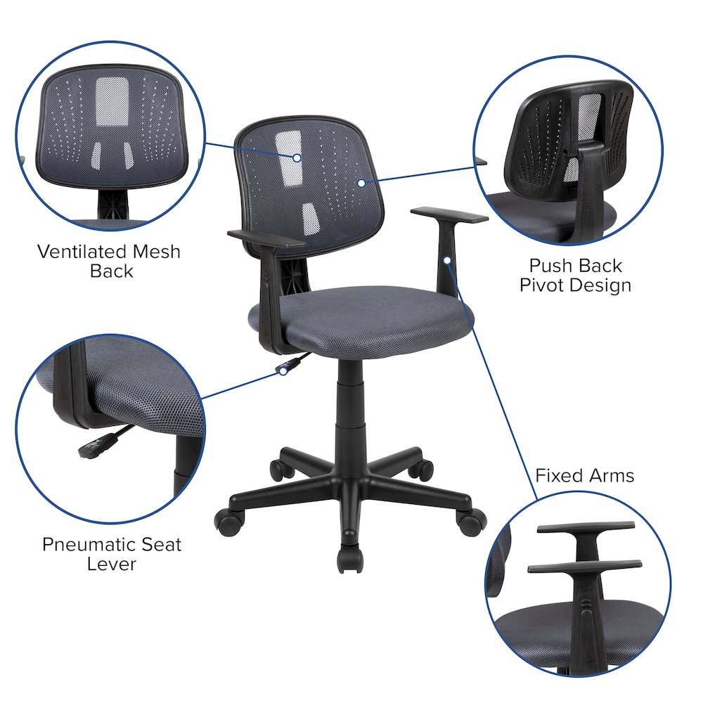 Mid-Back Gray Mesh Swivel Task Office Chair with Pivot Back and Arms. Picture 6