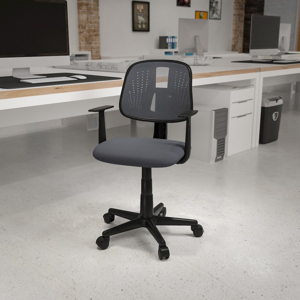 Mid-Back Gray Mesh Swivel Task Office Chair with Pivot Back and Arms. Picture 2
