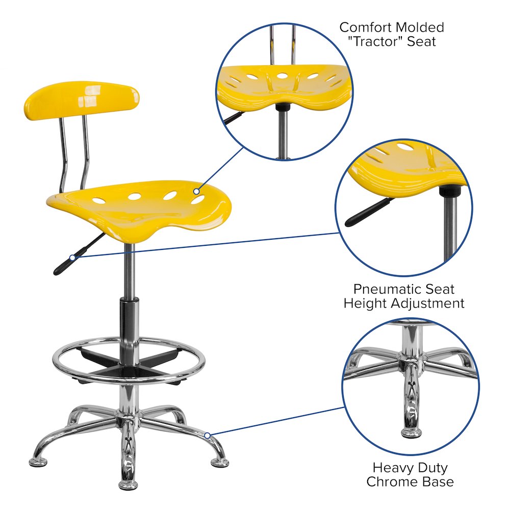 Vibrant Yellow and Chrome Drafting Stool with Tractor Seat. Picture 4