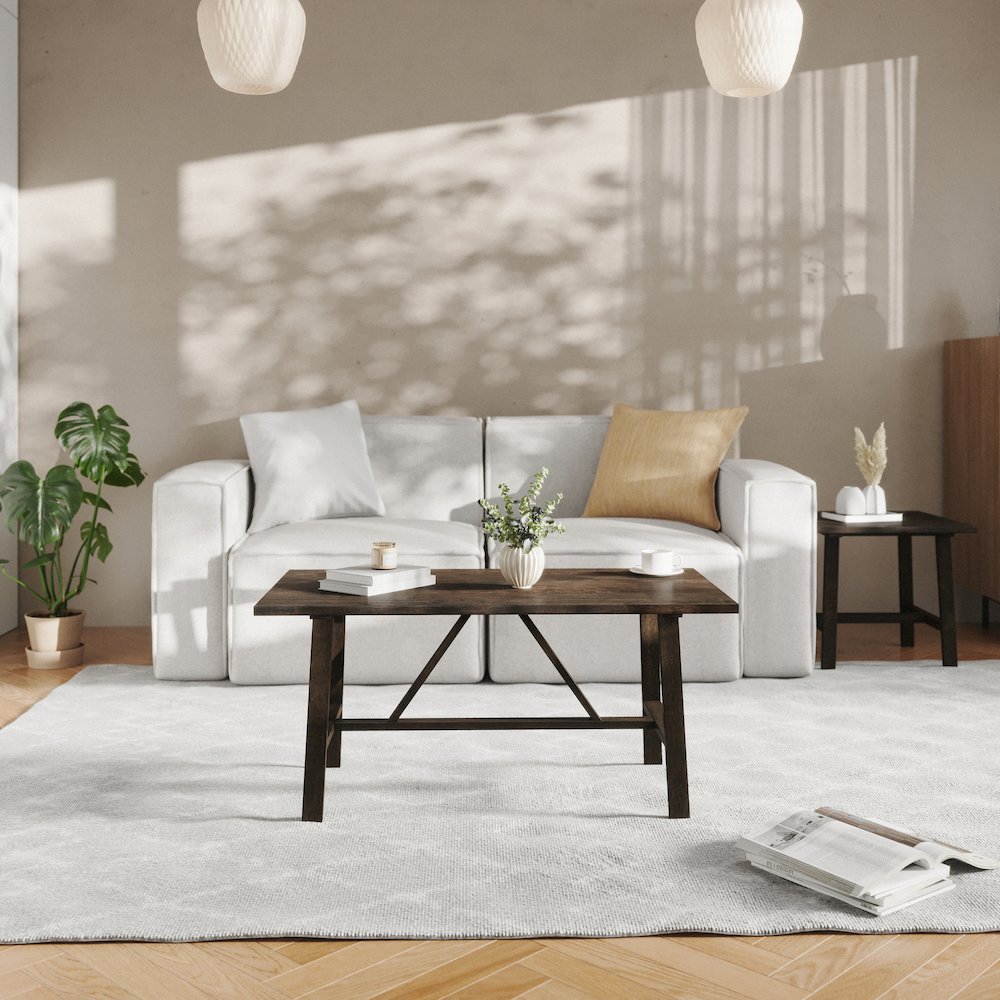 Eli Solid Wood Farmhouse Coffee Table, Trestle Style Accent Table in Dark Gray. Picture 3