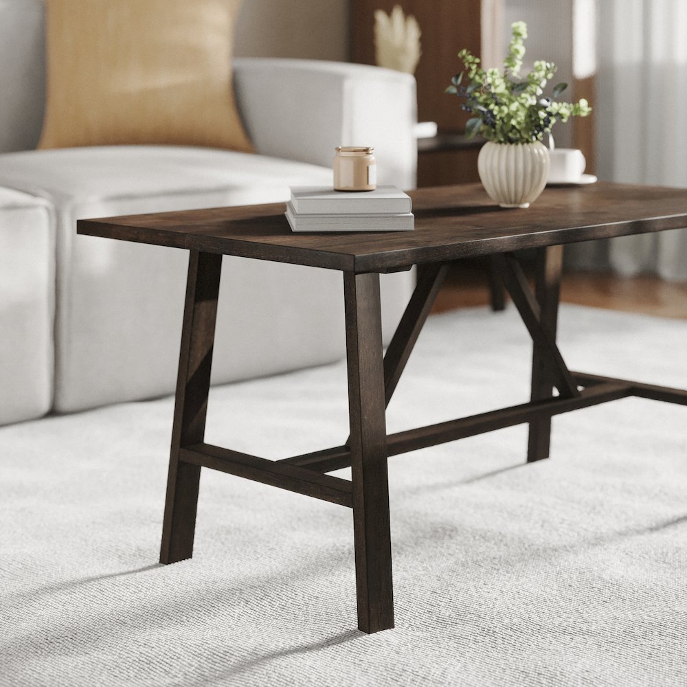 Eli Solid Wood Farmhouse Coffee Table, Trestle Style Accent Table in Dark Gray. Picture 6