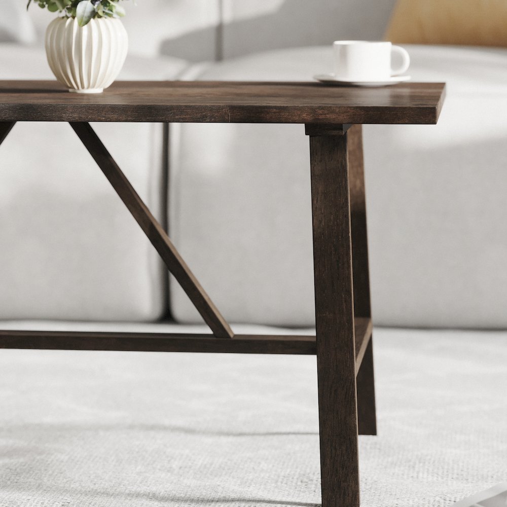 Eli Solid Wood Farmhouse Coffee Table, Trestle Style Accent Table in Dark Gray. Picture 7