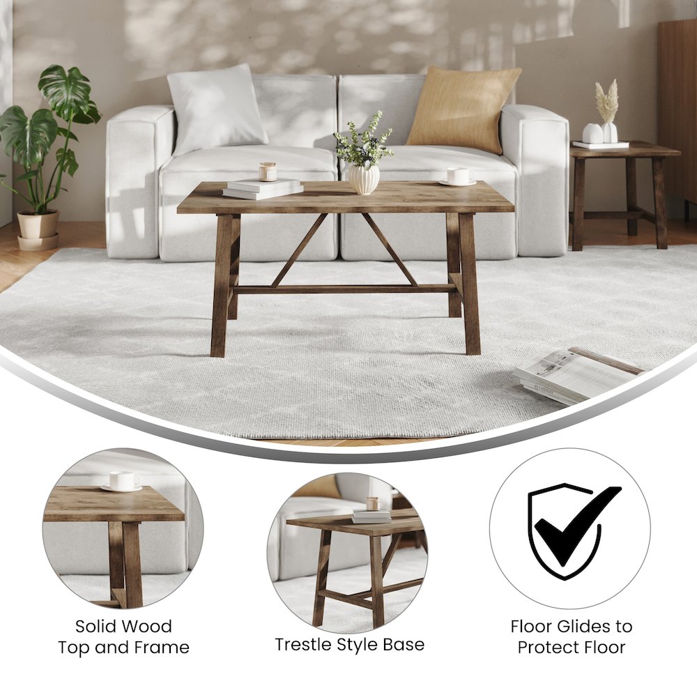 Solid Wood Farmhouse Coffee Table, Trestle Style Accent Table in Rustic Brown. Picture 4