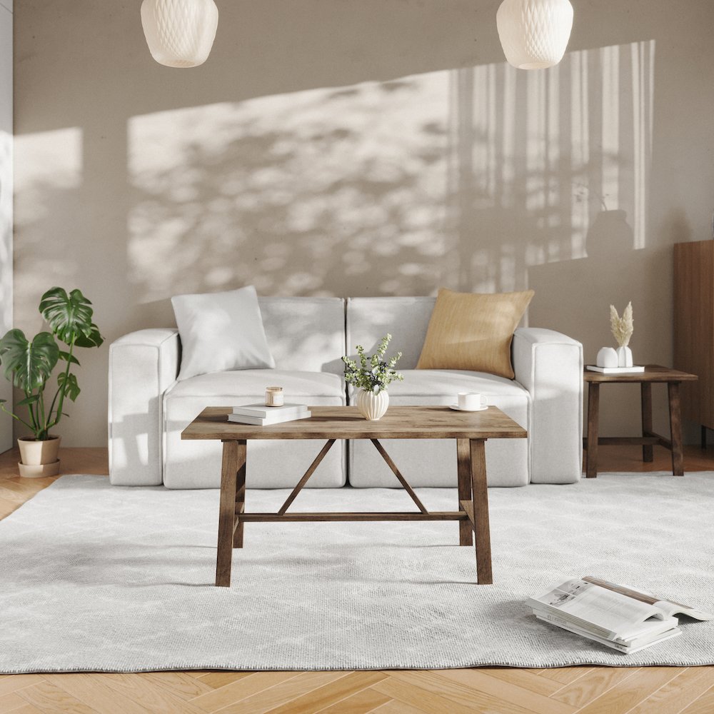 Solid Wood Farmhouse Coffee Table, Trestle Style Accent Table in Rustic Brown. Picture 3