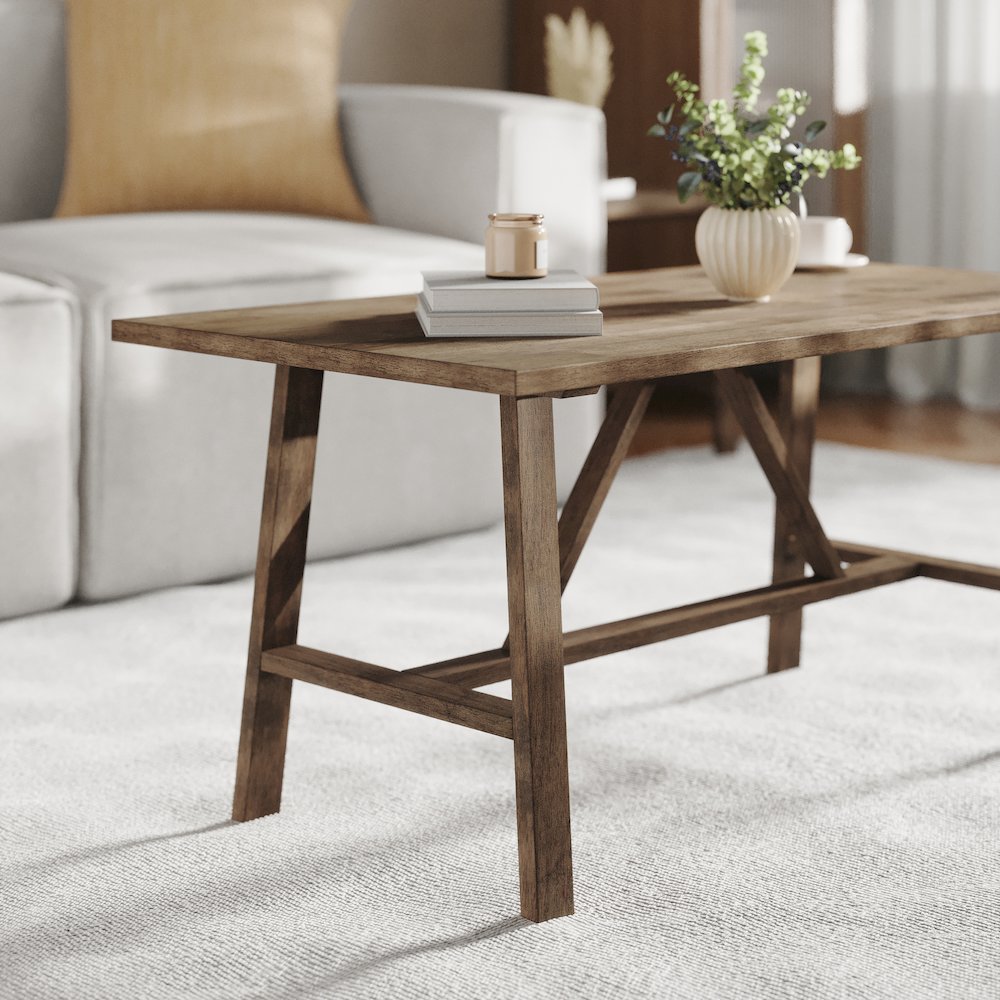 Solid Wood Farmhouse Coffee Table, Trestle Style Accent Table in Rustic Brown. Picture 6