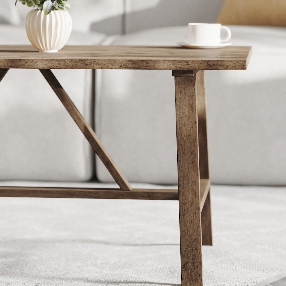 Solid Wood Farmhouse Coffee Table, Trestle Style Accent Table in Rustic Brown. Picture 7