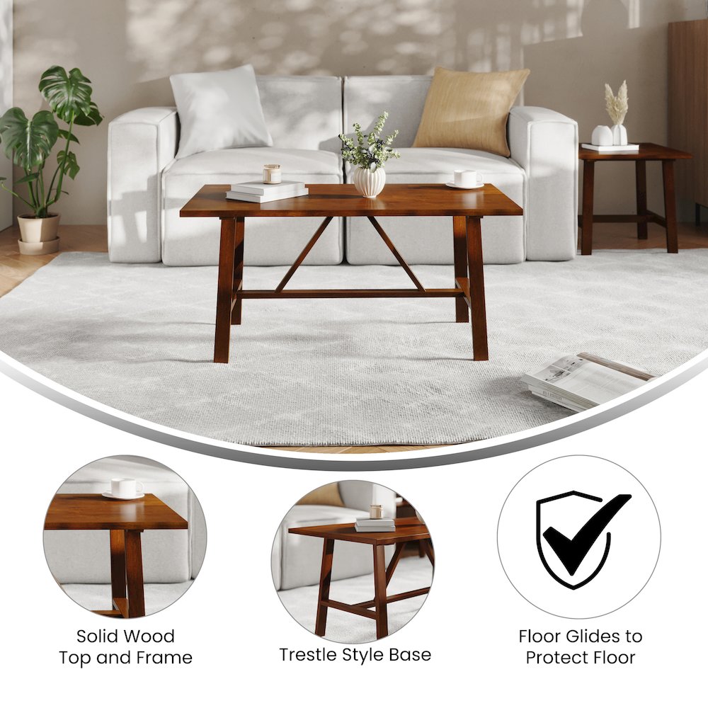 Eli Solid Wood Farmhouse Coffee Table, Trestle Style Accent Table in Walnut. Picture 4