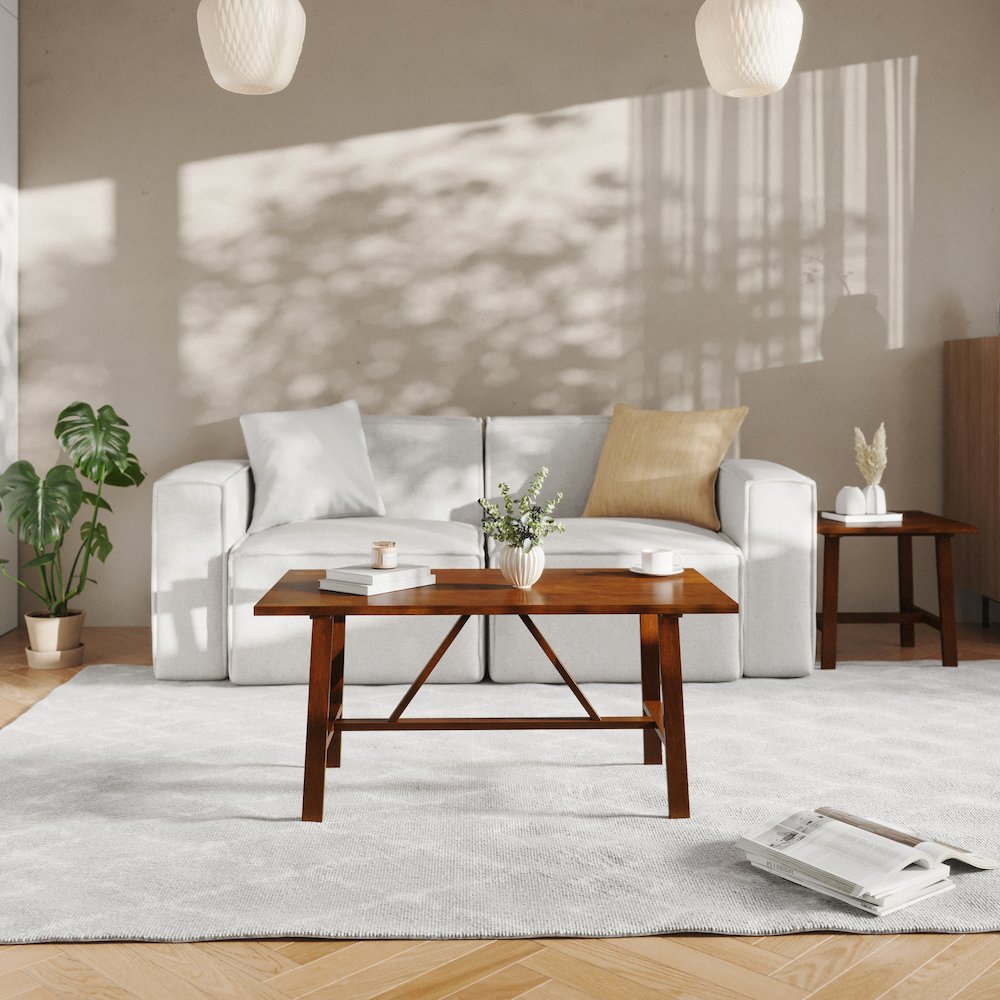 Eli Solid Wood Farmhouse Coffee Table, Trestle Style Accent Table in Walnut. Picture 3