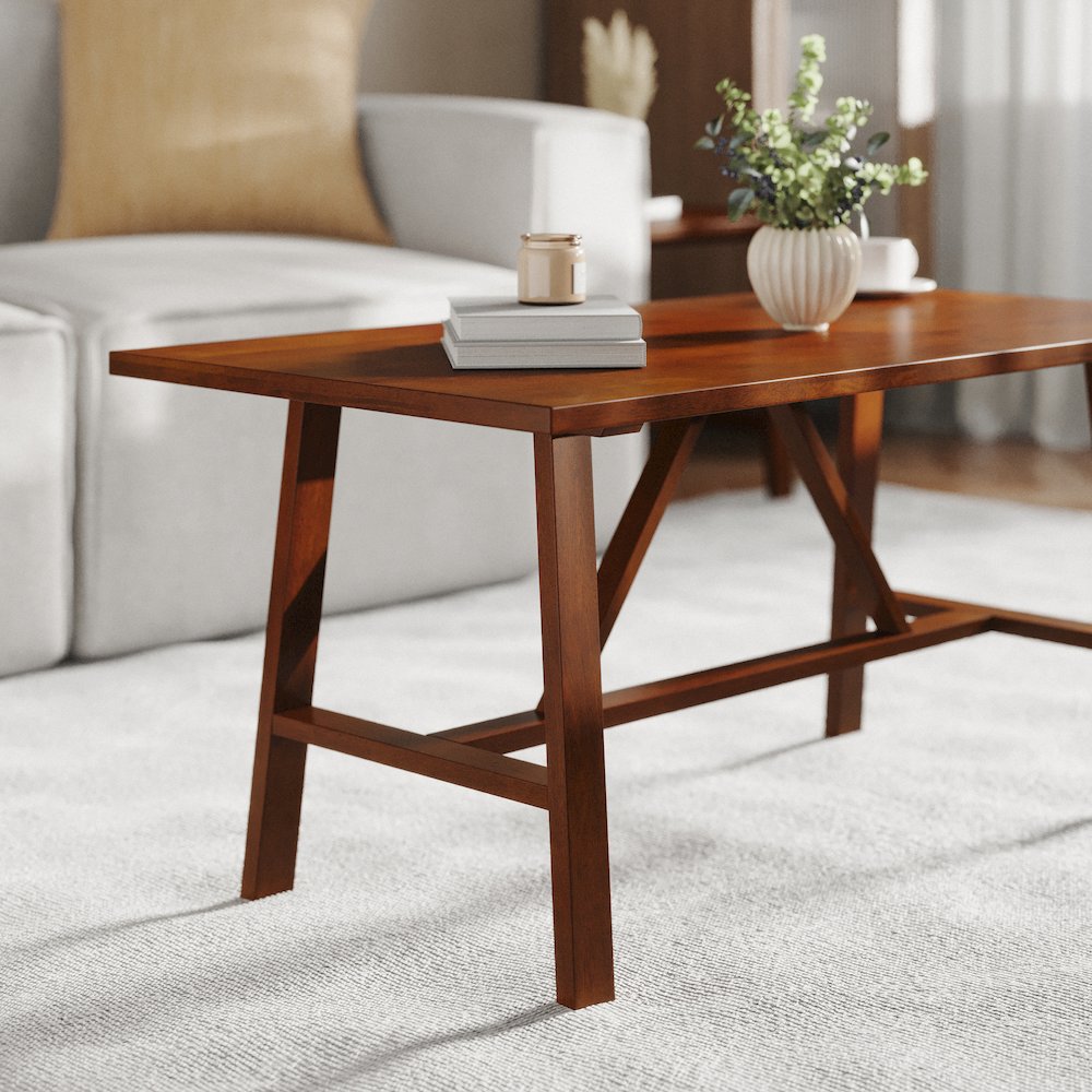 Eli Solid Wood Farmhouse Coffee Table, Trestle Style Accent Table in Walnut. Picture 6