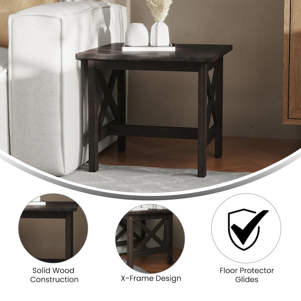 Farmhouse Style Solid Wood End Table with Traditional X-Frame Design, Dark Gray. Picture 4