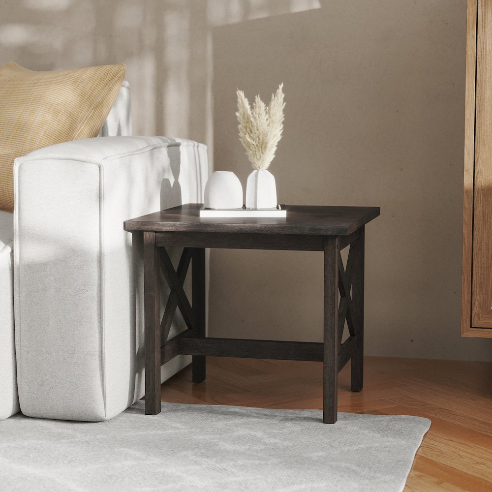 Farmhouse Style Solid Wood End Table with Traditional X-Frame Design, Dark Gray. Picture 3
