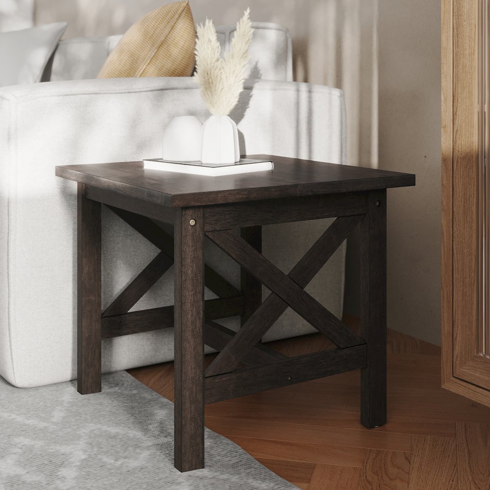 Farmhouse Style Solid Wood End Table with Traditional X-Frame Design, Dark Gray. Picture 6