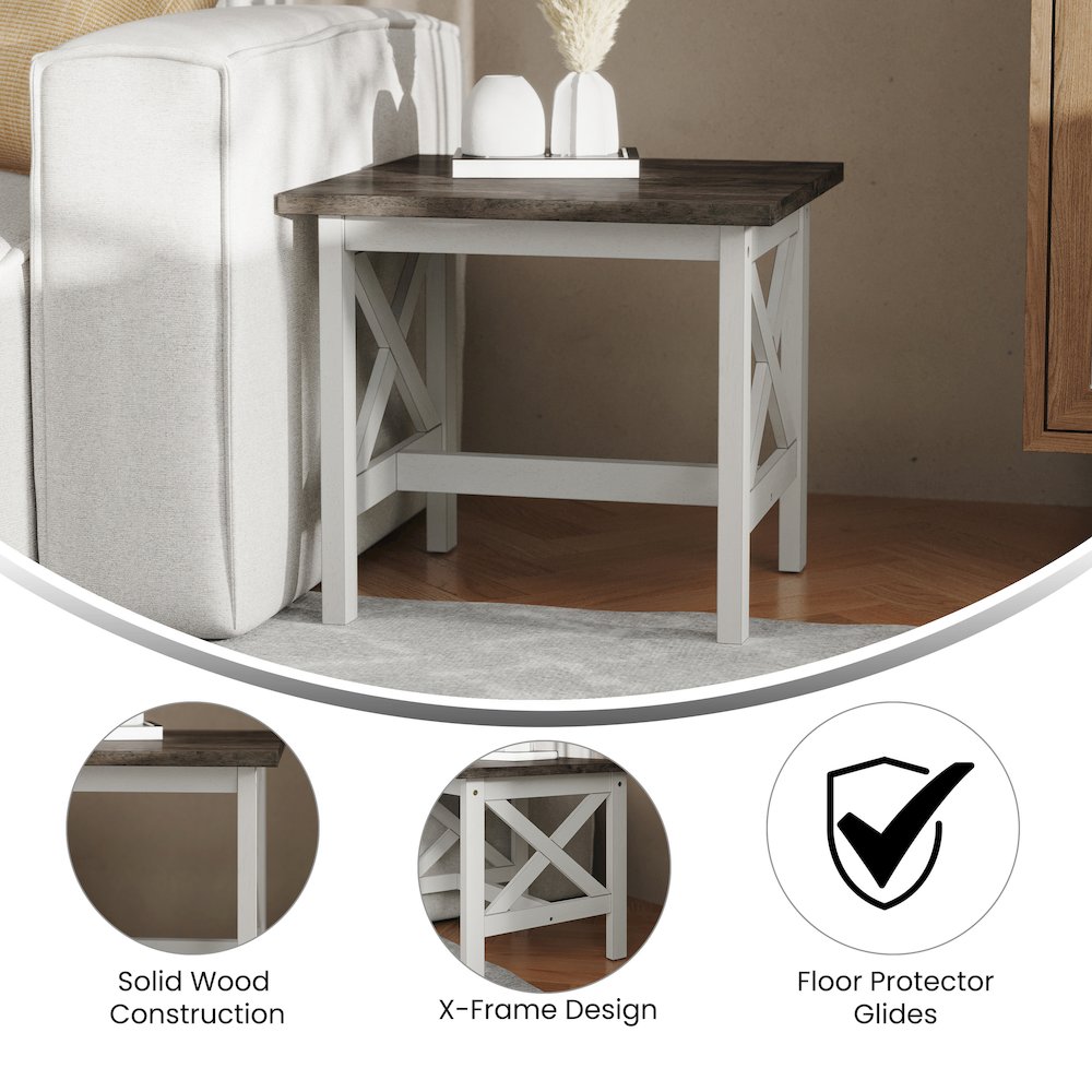 End Table with X-Frame Design, Acacia Gray Top/Rustic White Frame. Picture 4
