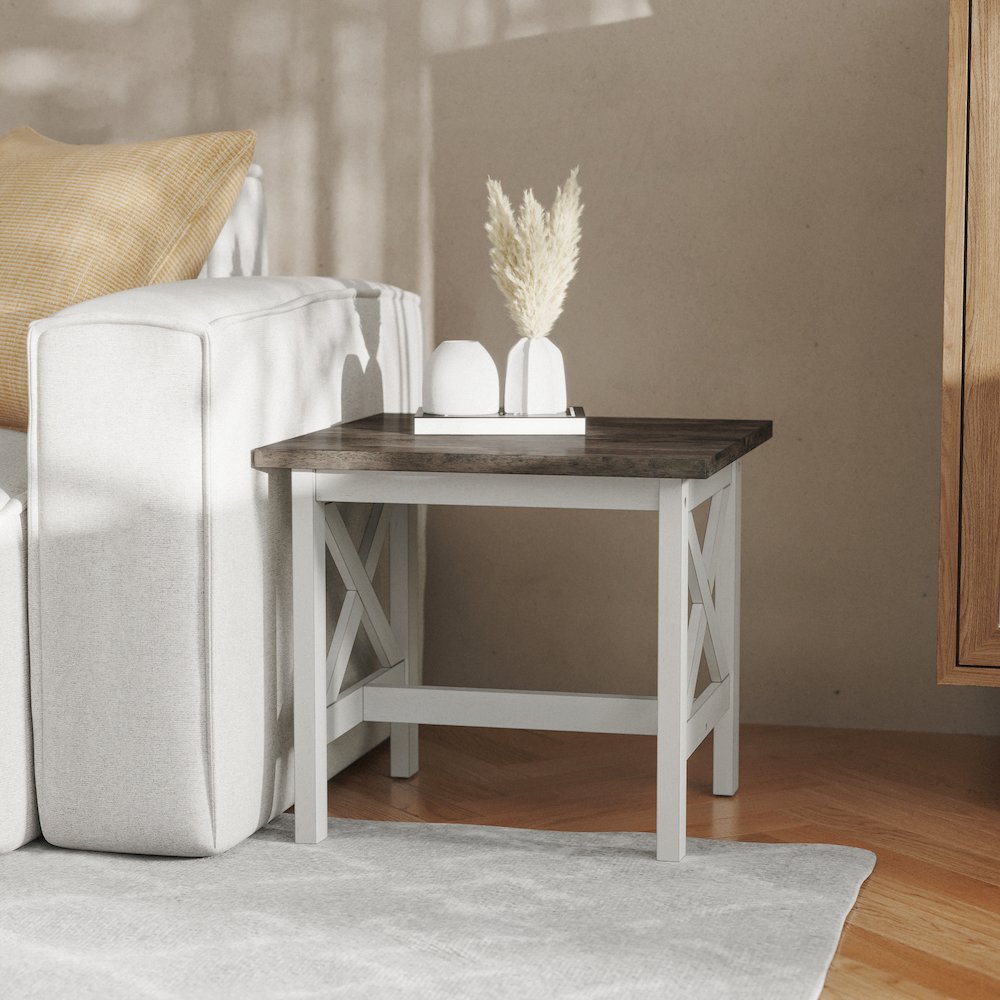 End Table with X-Frame Design, Acacia Gray Top/Rustic White Frame. Picture 3