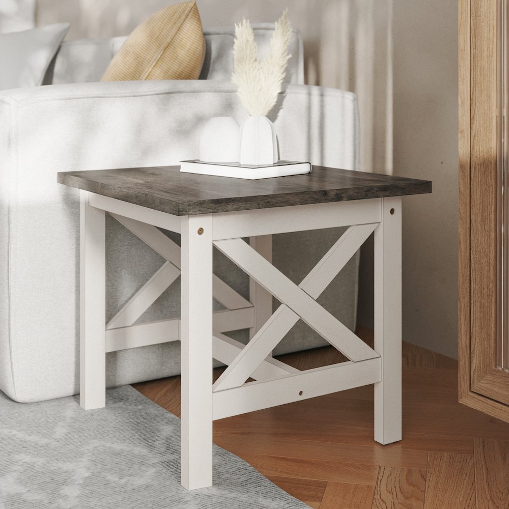 End Table with X-Frame Design, Acacia Gray Top/Rustic White Frame. Picture 6