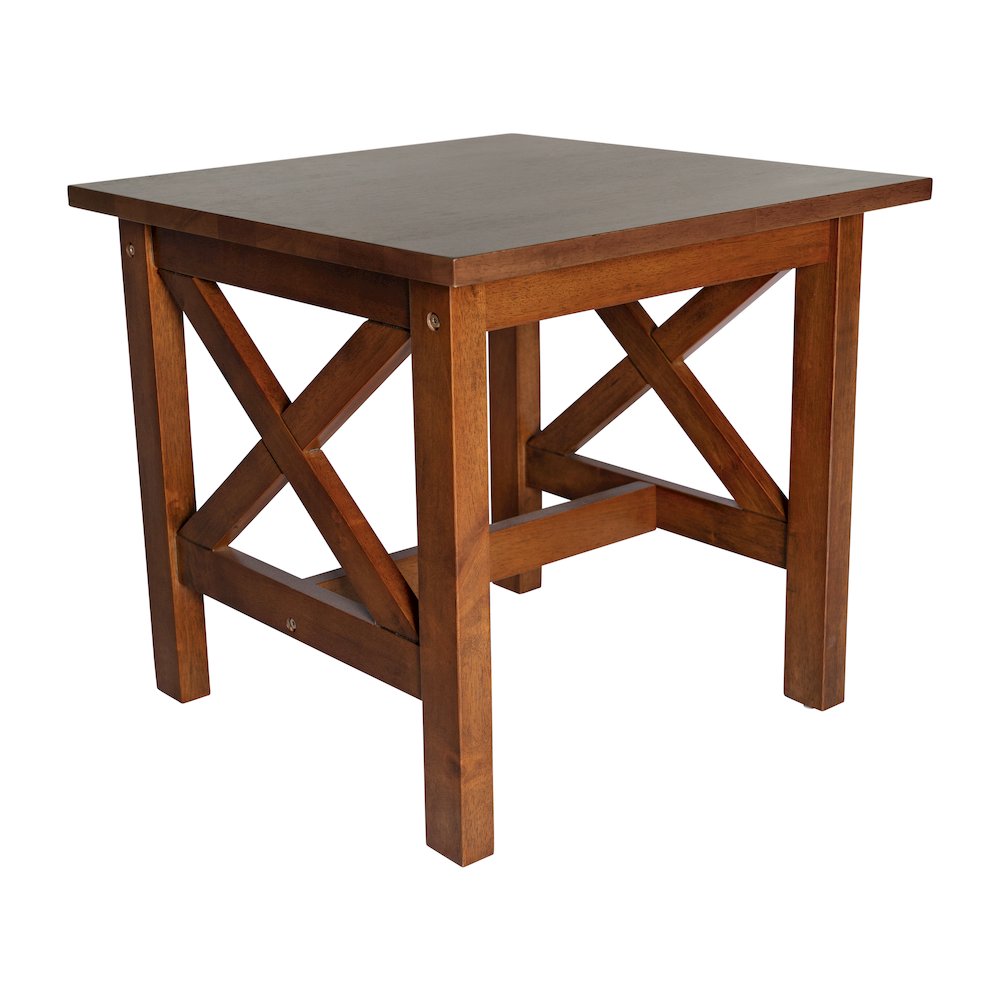 Farmhouse Style Solid Wood End Table with Traditional X-Frame Design in Walnut. Picture 1